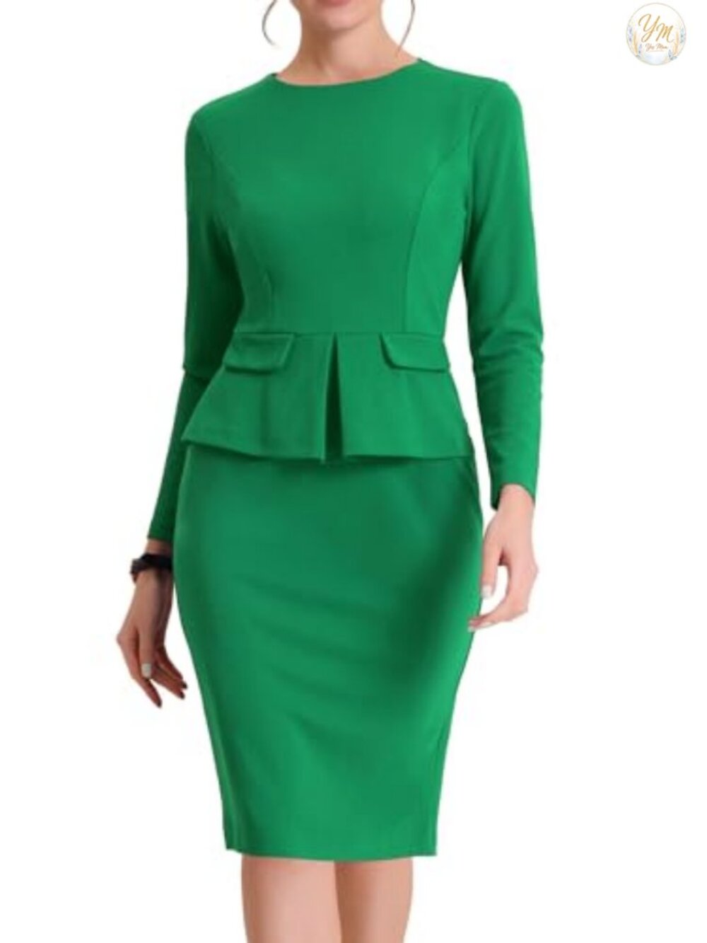 Women's Long Sleeve Peplum Sheath Work Dress Midi